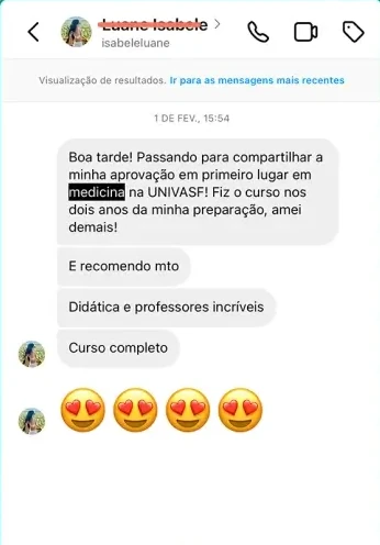 Mensagem de aluna aprovada em primeiro lugar em Medicina na UNIVASF