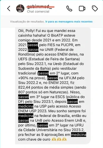 Mensagem de aluna com 9 aprovações em Medicina