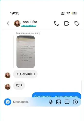 Mensagem de aluna que acertou 17 de 17 em Biologia